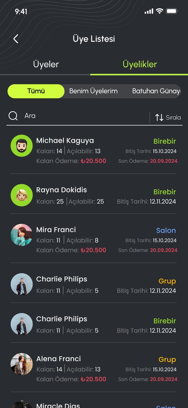 Plan4M üyelik listesi ekranı